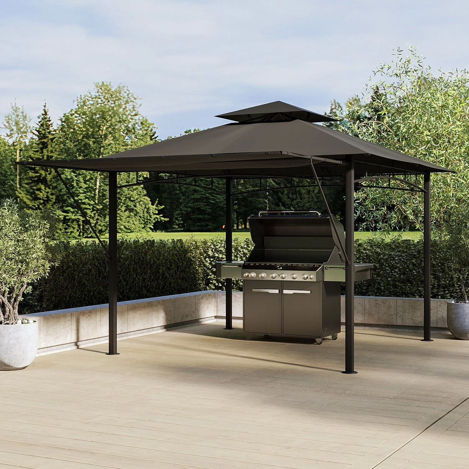 Fortrose 3x3m Black Metal BBQ Shelter Gazebo With Grey Canopy Roof And Retractable Side 4 Fortrose 3x3m Black Metal BBQ Shelter Gazebo With Grey Canopy Roof And Retractable Side - Image 2