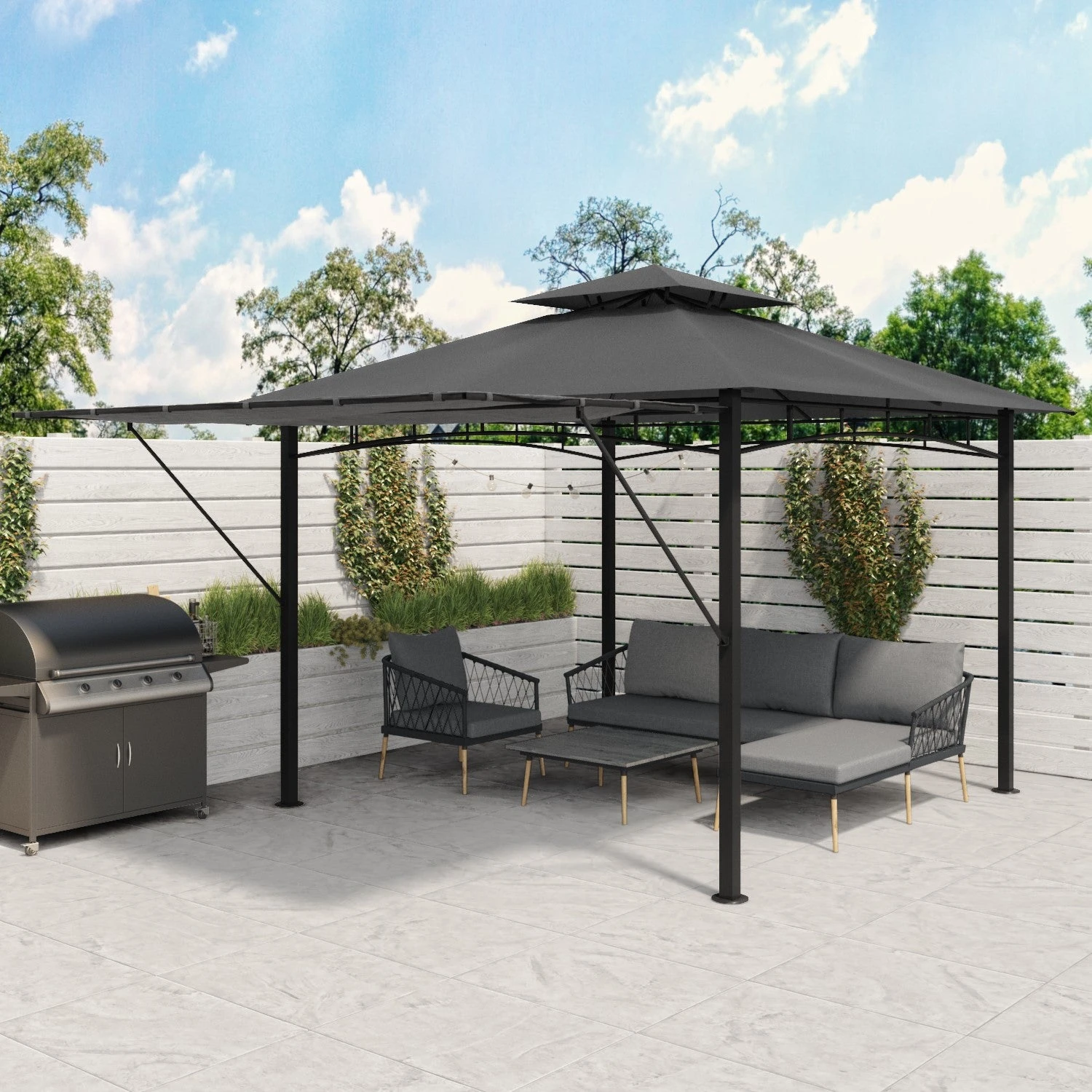 Fortrose 3x3m Black Metal BBQ Shelter Gazebo With Grey Canopy Roof And Retractable Side 5 Fortrose 3x3m Black Metal BBQ Shelter Gazebo With Grey Canopy Roof And Retractable Side - Image 3