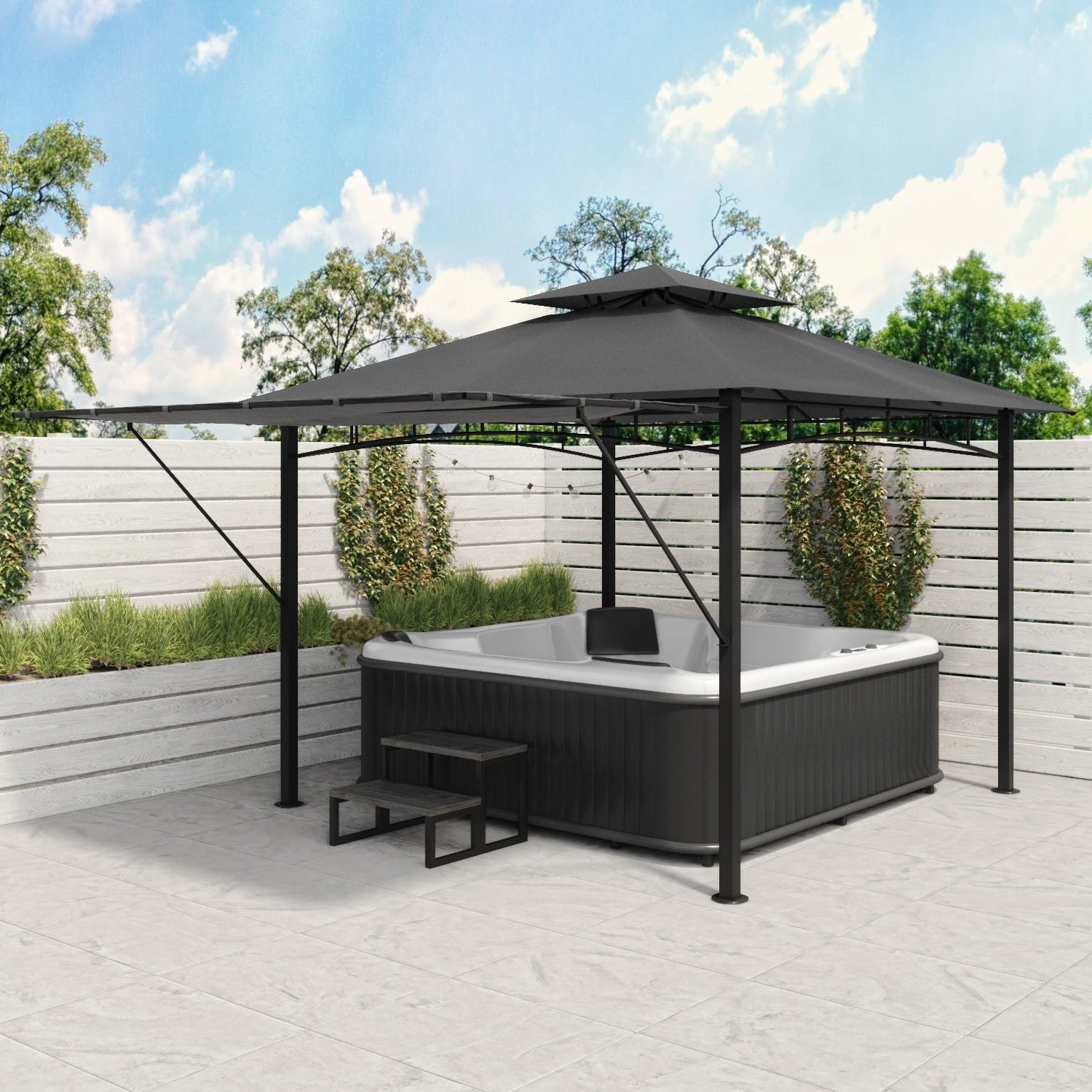 Fortrose 3x3m Black Metal BBQ Shelter Gazebo With Grey Canopy Roof And Retractable Side 3 Fortrose 3x3m Black Metal BBQ Shelter Gazebo With Grey Canopy Roof And Retractable Side